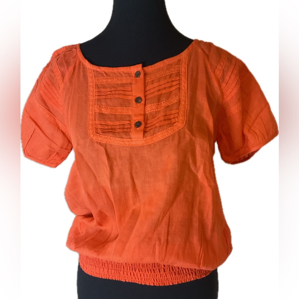 Embroidered trim Short sleeve peasant shirt with smocked waist